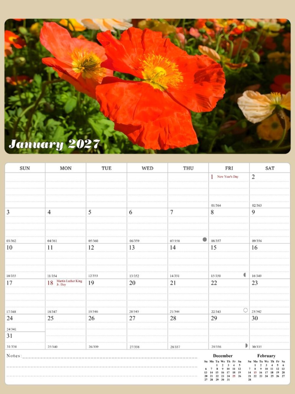2027 Calendar Magnetic Peel & Stick 12 Months 8.5" x 11" Flowers